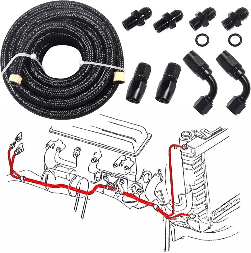 JSDAN Store 6AN Fuel Line Kit 15FT 4L60E 4L65E CPE Fuel Hose, Stainless Steel 6AN Nylon Braided Fuel Line Hose Fitting Transmission for land vehicles Oil Cooler Line Hose with 6AN 90 degree&Straight Hose Ends - Image 3